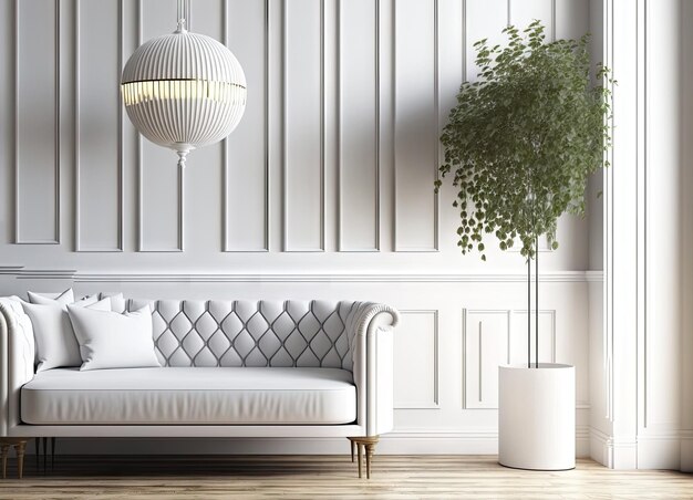 Habitación moderna con lámpara de sofá y planta en color blanco diseño de interiores ilustración 3D