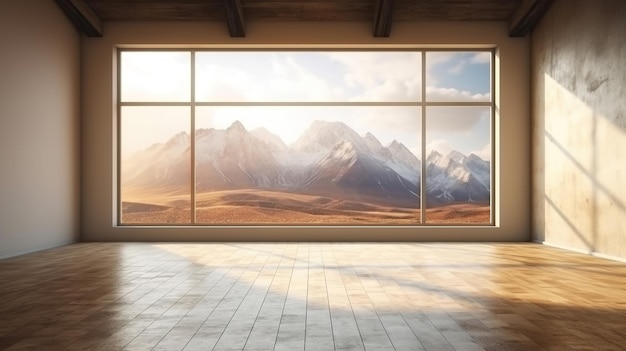 Habitación moderna y luminosa con un paisaje montañoso en la ventana