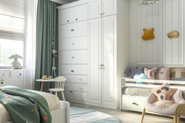 Foto habitación moderna para niños con armario blanco, mesa, silla y cama