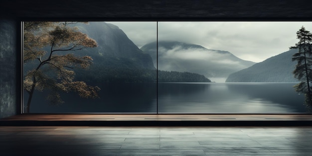 Habitación moderna oscura y vacía con un hermoso paisaje en la ventana