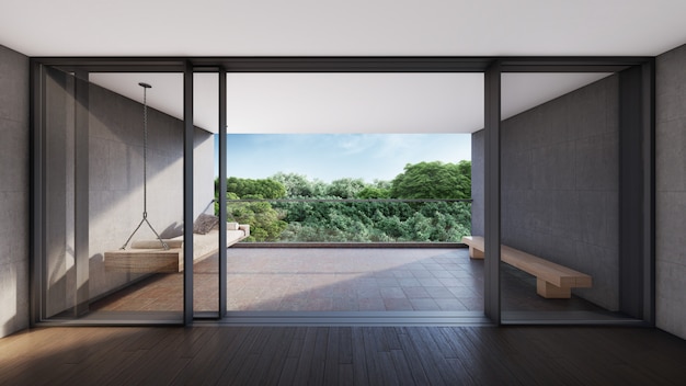 Habitación moderna con vistas al balcón y vistas al bosque verde. Renderizado 3D