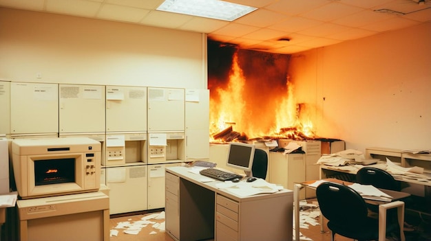 Foto una habitación con un montón de escritorios y un fuego al fondo