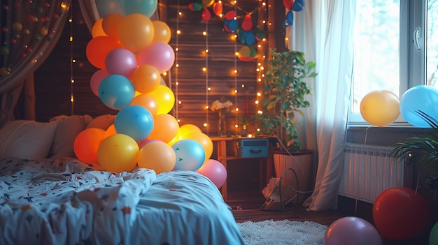 una habitación con un montón de globos y un letrero que dice globos