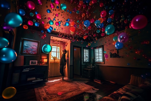 Una habitación con un montón de globos en medio de la habitación.