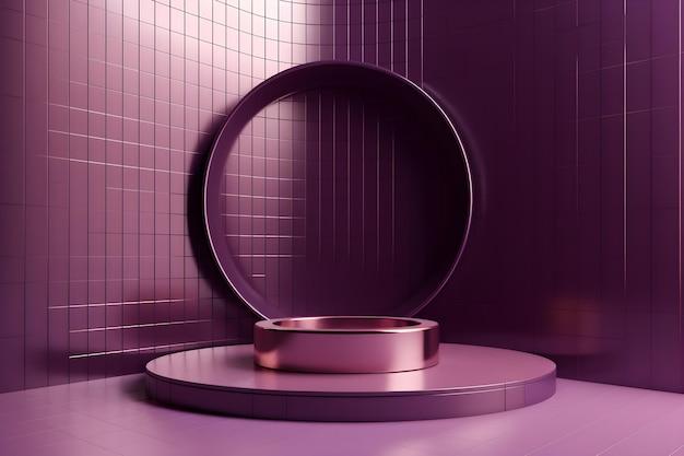 Una habitación morada con un anillo redondo de plata sobre un pedestal.