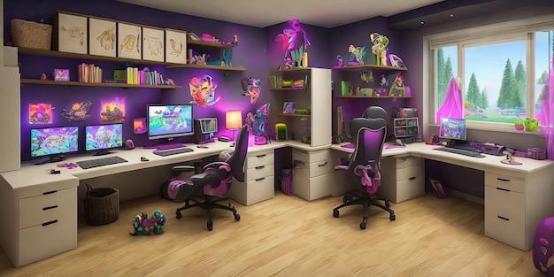 Una habitación morada con un escritorio de computadora y dos monitores.