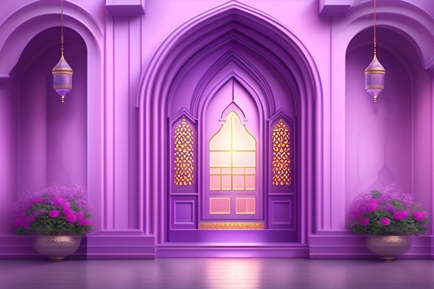 Foto una habitación morada con una ventana y una maceta rosa con la palabra rosa.