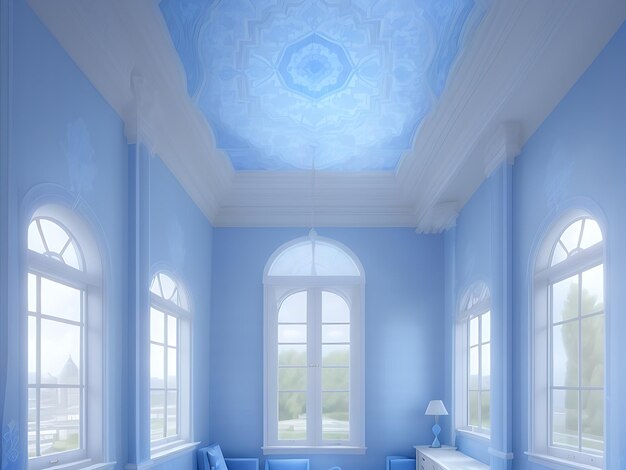 Una habitación con muchas ventanas y un techo con un patrón azul y blanco 4
