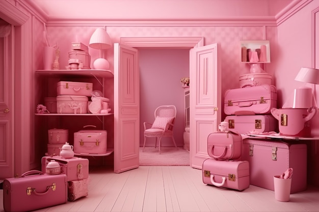 Una habitación con muchos artículos rosas, incluida una maleta y un estante con un fondo rosa espejo