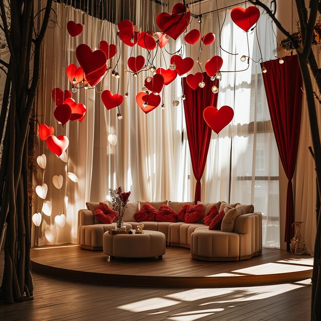 Foto una habitación con muchos corazones colgando del techo