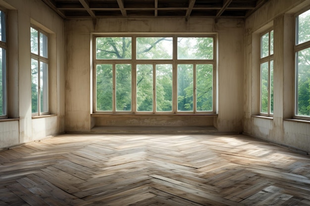 Una habitación sin muebles ni objetos solo un suelo de madera