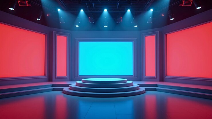 una habitación muy brillante con un escenario que está iluminado por focos