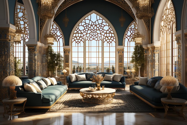 Habitación muy lujosa y grande con paredes decoradas con mosaico marroquí Habitación en estilo islámico tradicional