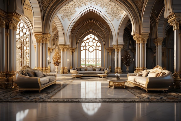 Habitación muy lujosa y grande con paredes decoradas con mosaico marroquí Habitación en estilo islámico tradicional
