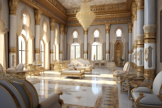 Habitación muy lujosa y grande con paredes decoradas con mosaicos marroquíes. Habitación en estilo islámico tradicional.