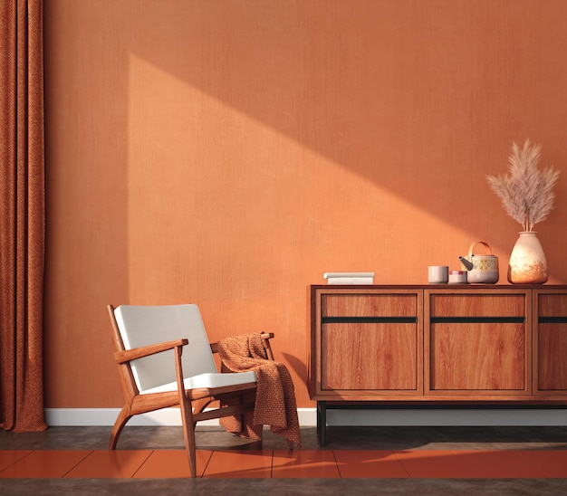 Habitación naranja con silla mesa pampa y fondo de pared naranja