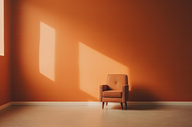 Habitación naranja con sillón y rayos de sol en la pared.