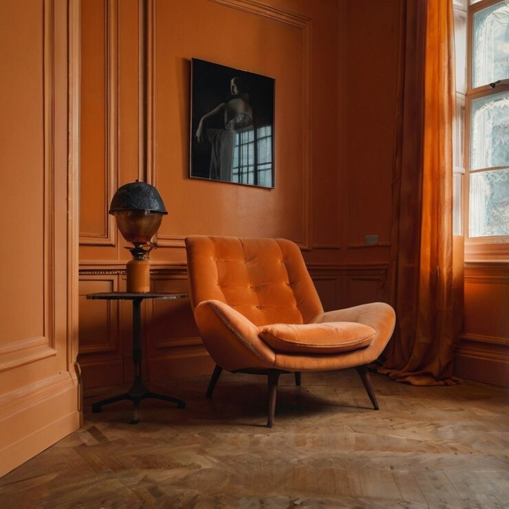 Habitación naranja con sofá 3D y maqueta