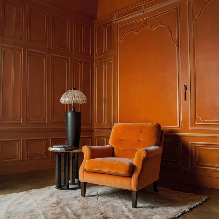 Habitación naranja con sofá 3D y maqueta