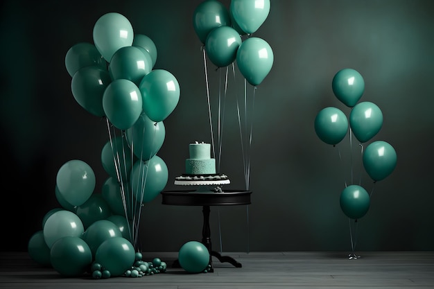 una habitación negra y gris con globos y un pastel Foto premium