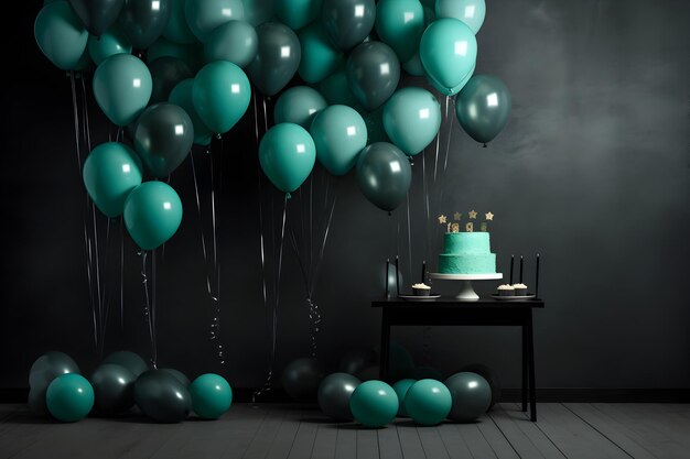 una habitación negra y gris con globos y un pastel Foto premium