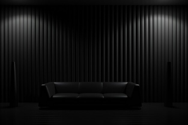 Foto una habitación negra con un sofá y una pared con una luz en ella