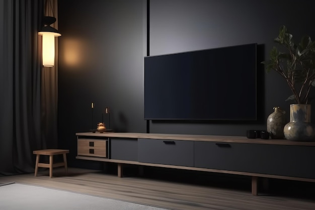 Una habitación negra con una televisión y una mesa de madera con una lámpara.