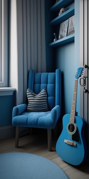 una habitación de un niño con una silla azul y una guitarra