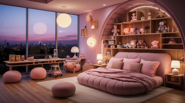 Foto la habitación de los niños es cómoda, completa con cama y muñecas de color rosa.