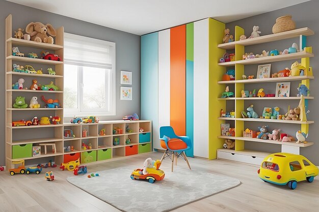 Habitación para niños con estanterías y juguetes