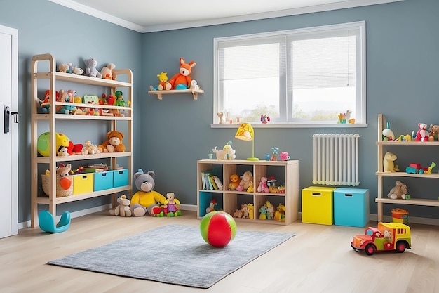 Habitación para niños con estantes y juguetes