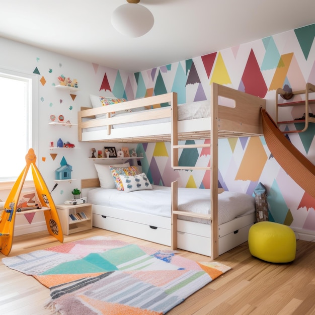 Una habitación para niños lúdica con una pared de acento de papel tapiz colorido una cama de madera con una escalera