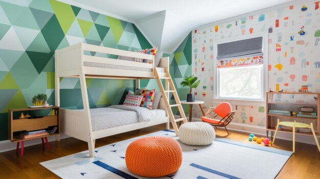 Foto una habitación para niños lúdica con una pared de acento de papel tapiz colorido una cama de madera con una escalera