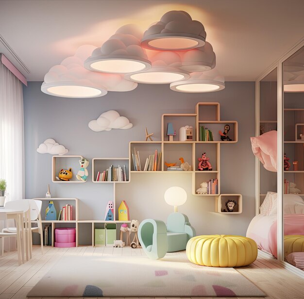 Foto una habitación para niños con muebles coloridos y nubes en el techo, incluidos estantes para que los niños lean