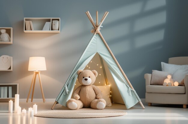 Foto habitación de los niños con un oso y una tienda de teepee