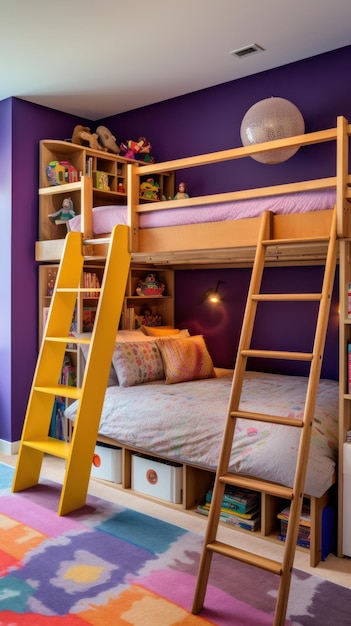 Foto habitación de niños con una pared de acento púrpura una cama de madera con una escalera