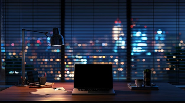 Habitación de oficina en casa moderna con computadora portátil y espacio de copia en el escritorio de trabajo sobre vista al aire libre borrosa por la noche en el fondo