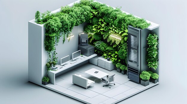 Una habitación de oficina futurista con pared verde tecnología de concepto de purificación de aire se encuentra con la naturaleza en 3D