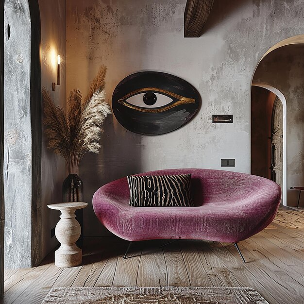 una habitación con un ojo de cebra y un ojo redondo en la pared