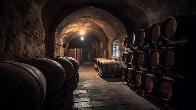Una habitación oscura con barriles de vino en ella.
