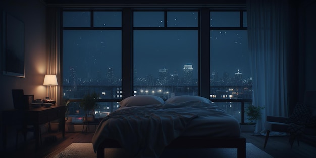 Una habitación oscura con una cama y un paisaje urbano al fondo.