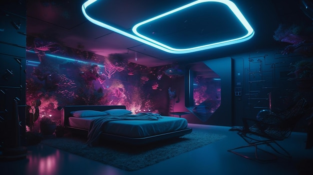 Una habitación oscura con una cama y un techo con luces.