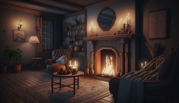 Una habitación oscura con una chimenea y una chimenea.