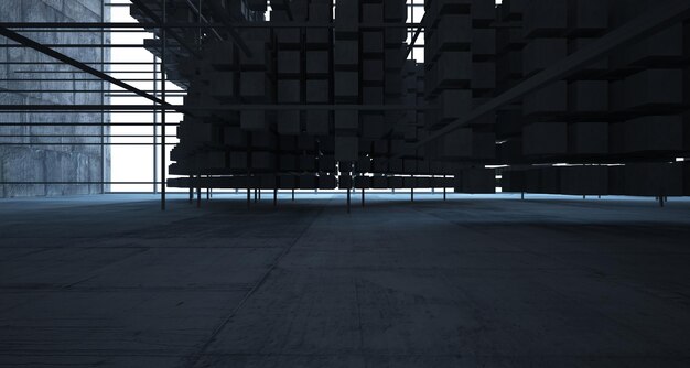 Foto una habitación oscura con un cielo azul y un edificio blanco.