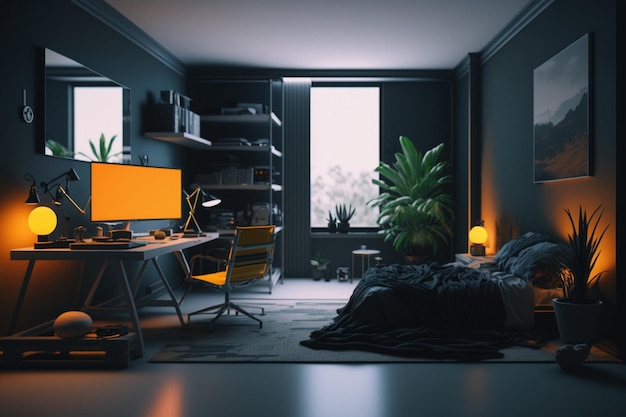 Una habitación oscura con un escritorio de computadora y un monitor grande que dice "casa" en él