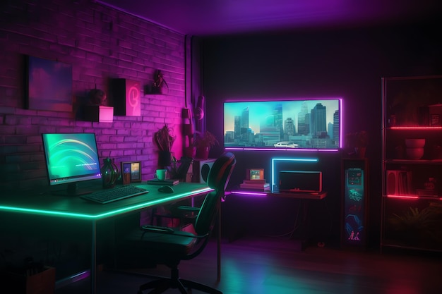 Una habitación oscura con un escritorio de computadora y un monitor grande