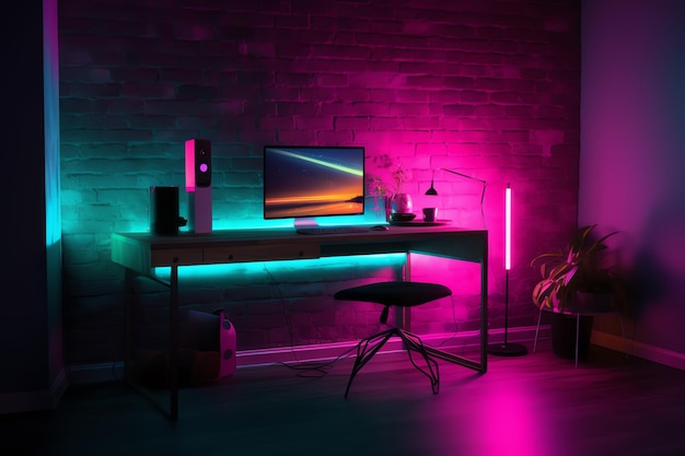 Una habitación oscura con un escritorio que tiene un monitor y una lámpara.