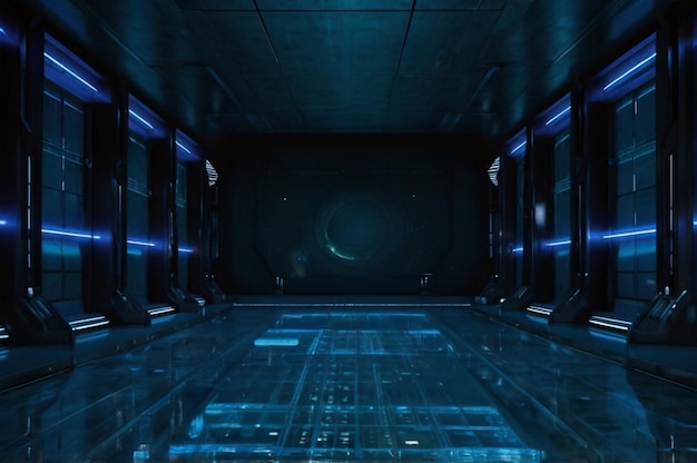 una habitación oscura con un fondo azul y negro con una luz azul a la izquierda