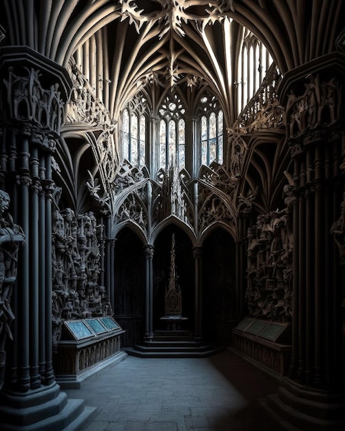 Una habitación oscura con un gran arco y una gran ventana con la palabra "Harry Potter".