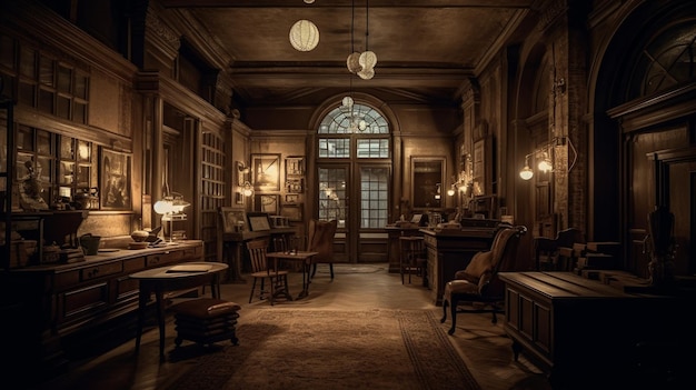 Una habitación oscura con una gran puerta de madera y un gran ventanal con una lámpara que dice 'la biblioteca'